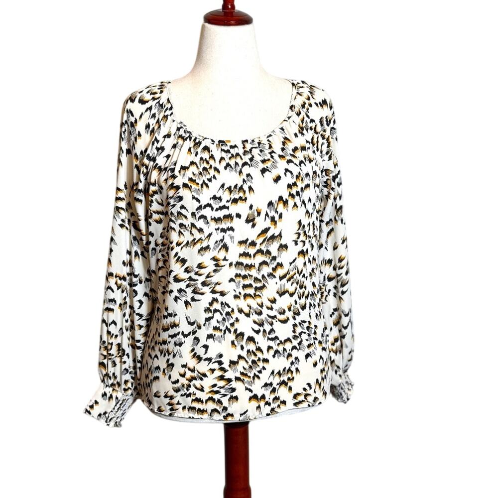 CAbi blouse Round Trip cream yellow black patterned long sleeve scoop neck Sz S